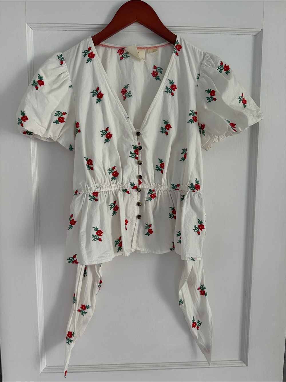 Anthropologie White Button-Front Peplum Top with Red Floral Embroidery